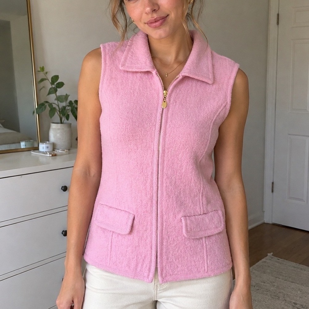 Lisa International Vintage Pink Boiled Wool Zip Up Vest M preppy outdoors